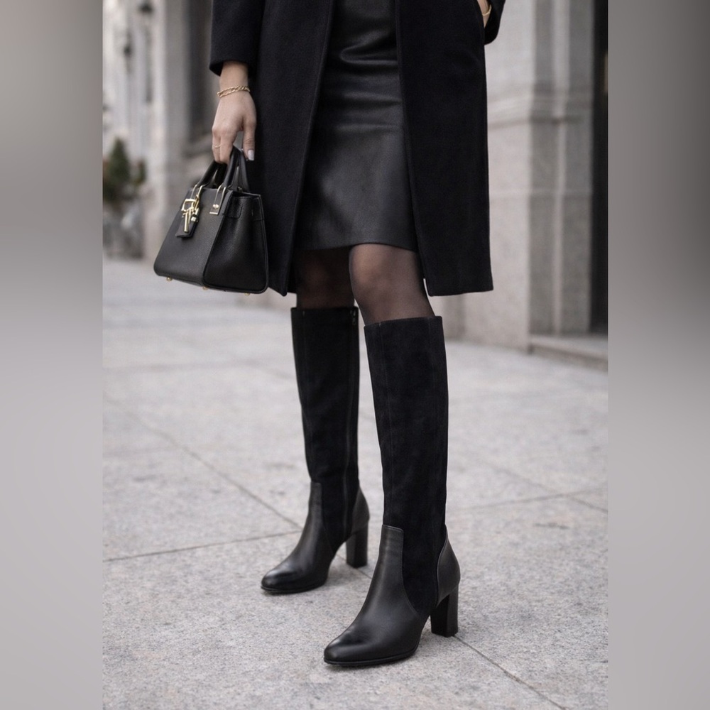 Black Tall Knee-High Leather & Suede Boots W 6.5 Block Heel Side Zip Clarks - Picture 13 of 13